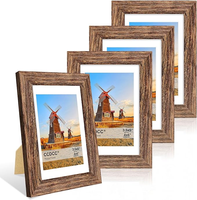 4x6 Picture Frame Set of 4, 4 x 6 Wood Photo Frames with Mat for 3.5x5, Natural Wooden Frame with Real Glass Cover for Wall and Tabletop Display,Rustic Brown-Ruum Studio Home