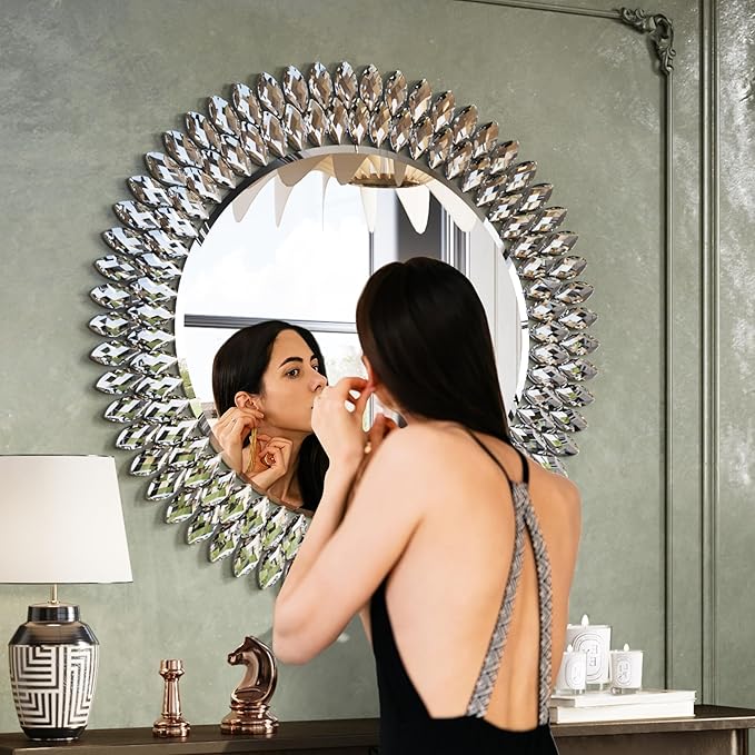 Kelly Miller Jeweled Mirror for Wall, 28 Inch Round Luxury Mirror with Sparkling Diamonds Beveled Modern Wall Decor for Bathroom, Living Room, Bedroom, Hallway-Ruum Studio Home