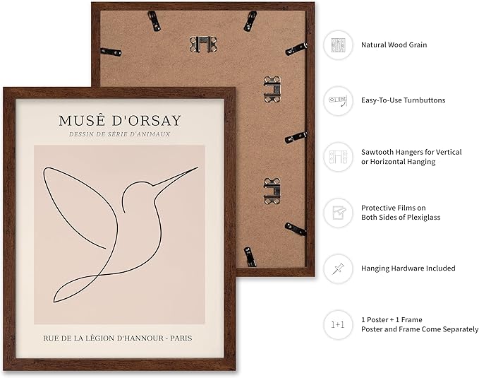 Poster Master Vintage Poster - Retro One Line Hummingbird Drawing Print - Bird Line Art - Minimal Gift for Him, Her, Animal Lover - Abstract Decor for Home, Office, 16x20 Brown Framed-Ruum Studio Home