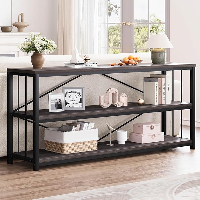 LVB 3-Tier Rustic Console Table, Extra Long Entryway Table with Storage, Industrial Skinny Wood Metal Sofa Table with Shelf, Modern Narrow Hallway Table for Foyer Living Room Bedroom, Dark Gray, 70 In-Ruum Studio Home