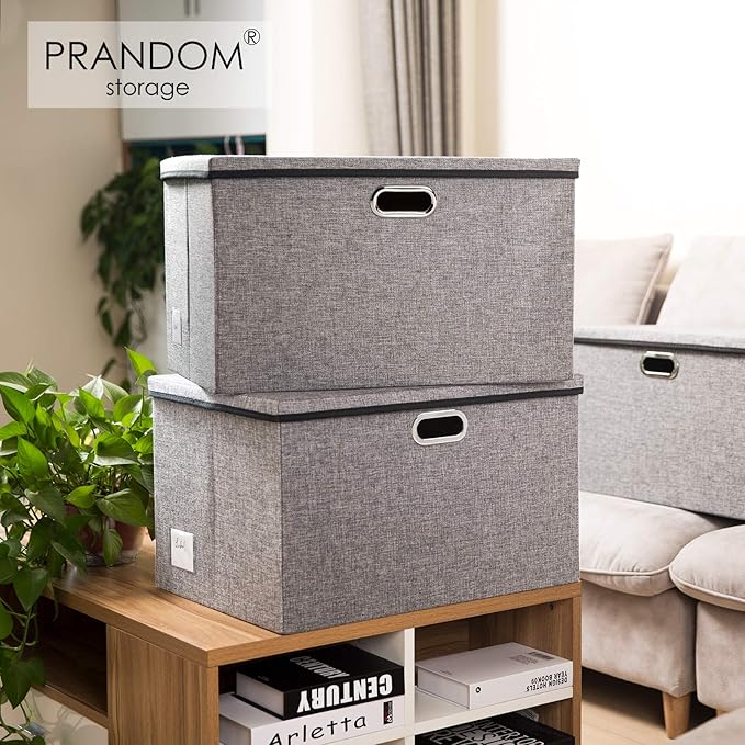 PRANDOM Extra Large Collapsible Storage Bins with Lids [3-Pack] Linen Fabric Foldable Storage Baskets Boxes Organizer Containers Cube with Cover for Bedroom Closet Office Nursery (22.8x15.75x13.8)-Ruum Studio Home