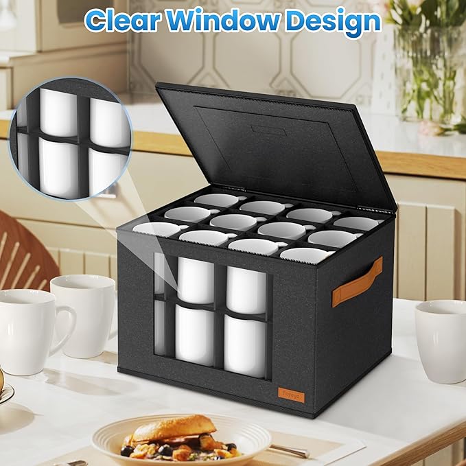 2-Layer Coffee Mug Storage Box with Dividers, Coffee Cup Storage Organizer with Zipper Lid and Handles, Stackable Mug and Cup organizer Service for 24 Coffee Mugs, Cups and Glasses, Dark Grey-Ruum Studio Home