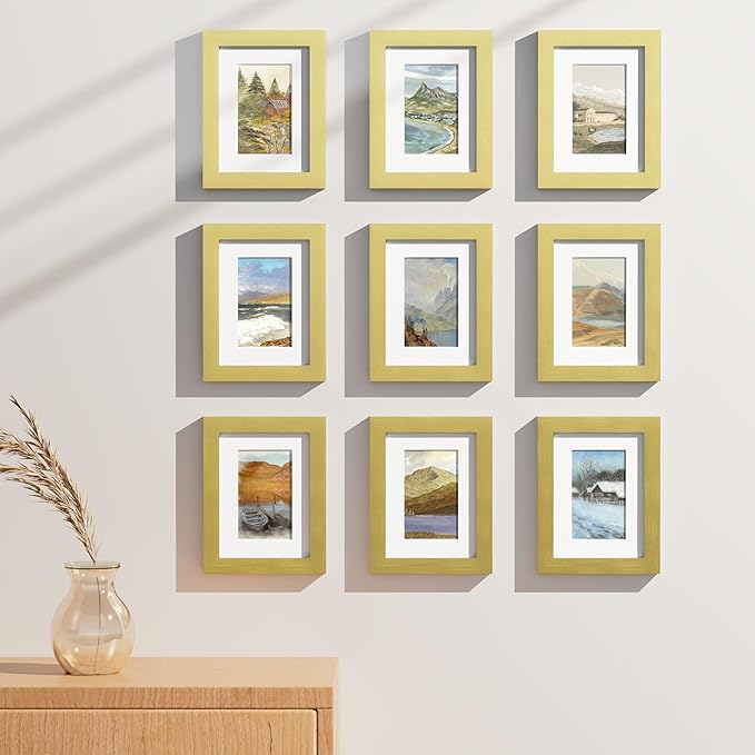 Vittanly 6x8 Picture Frames Set of 9, Shatter Resistant Plexiglass, Display 4x6 Pictures with Mat or 6x8 without Mat, Photo Frames for Wall or Tabletop, Engineered Wood, Gold-Ruum Studio Home