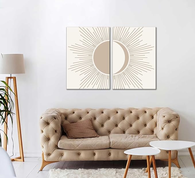 2Pcs Minimalism Boho Canvas Wall art Mid Century Modern Beige and White Sun and Moon Geometric Abstract Painting Pictures Wall Decor Posters Print Artwork for Bedroom Living Room Decoration-Ruum Studio Home