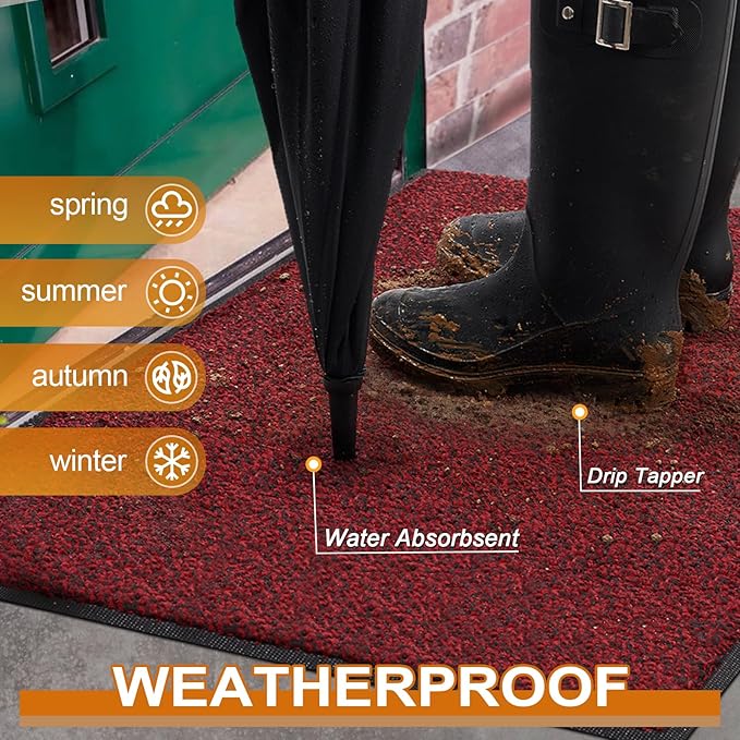 Mibao Front Door Mat, Dirt Trapper Welcome Mat for Outdoor Indoor, Non-Slip Waterproof Doormat, Durable Machine Washable Low Profile Entry Rug for Back Door Outside Patio Porch, 60" x 36", Red-Ruum Studio Home