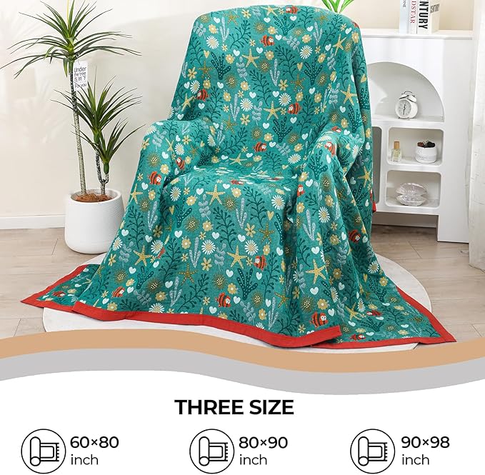 Boho Throw Blanket, 100% Organic Cotton Skin-Friendly Breathable Ultra Soft Bed Quilt Throw - All Season Blue & Red FishFarmhouse Decor Blanket for Sofa Couch Chair and Gift. 60" x 80"-Ruum Studio Home