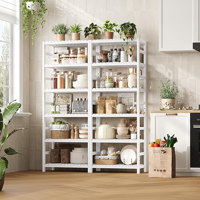 FOTOSOK 6-Tier Bamboo Shelf, Bamboo Bookcase with Adjustable Shelves, Free Standing Storage Shelf Unit, Plant Flower Stand for Bathroom, Kitchen, Home Office, White-Ruum Studio Home
