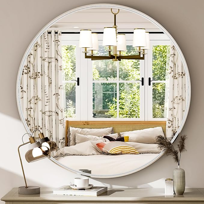 32 Inch Silver Round Bathroom Mirror - Wall Mounted Circle Mirror with Metal Frame, Modern Mirror Suitable for Bathroom, Vanity, Entryway, Living Room, Wall Decor-Ruum Studio Home