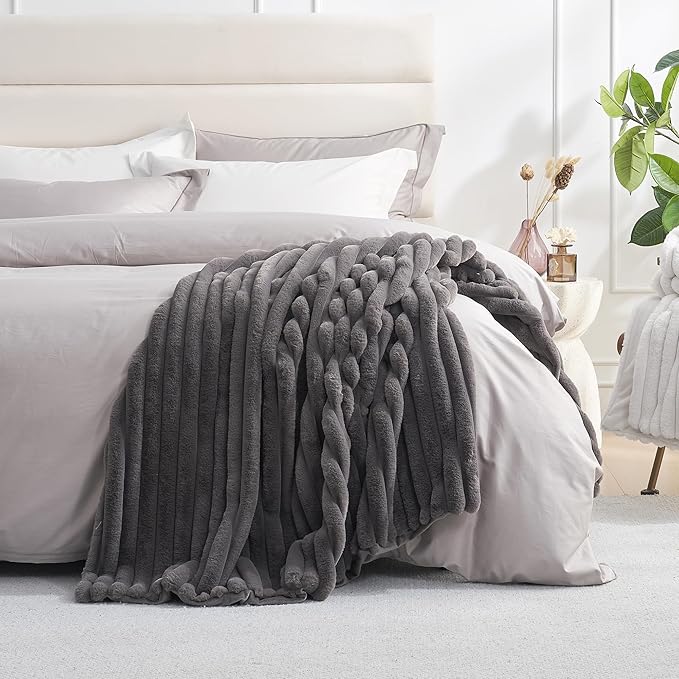 Amélie Home Faux Fur Throw Blanket for Couch, Cozy Fuzzy Fluffy Fur Luxurious Soft Striped Plush Gift Blankets for Family Sofa Chair Bed Living Room Bedroom, 60"x80", Charcoal Grey-Ruum Studio Home