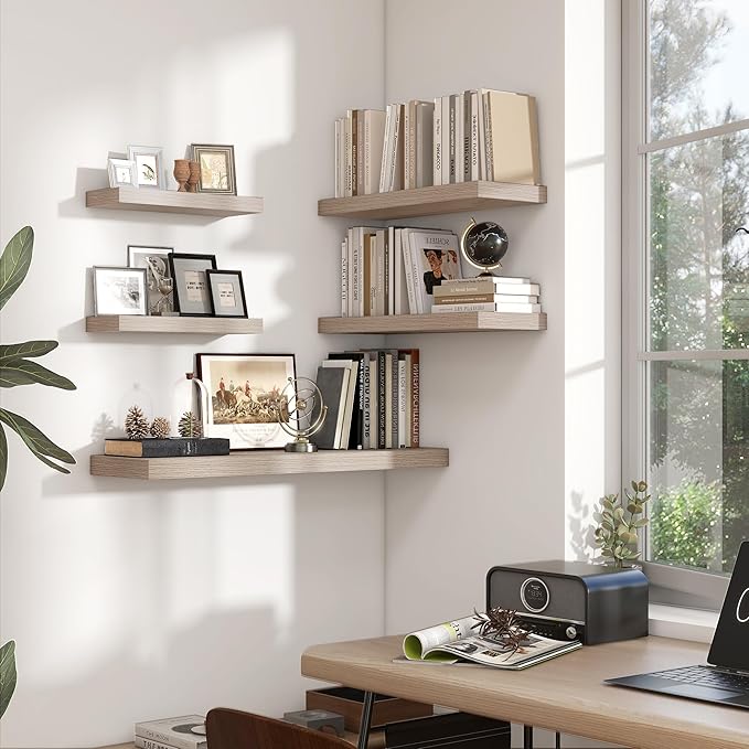 Heimlove 24 inch Floating Shelves for Wall,9.3 inch deep Grey Bathroom Over Toilet Shelf,Wall Mounted Rustic Wood Shelves for Bedroom,Living Room,Kitchen,Office Decor Set of 2-Grey-Ruum Studio Home