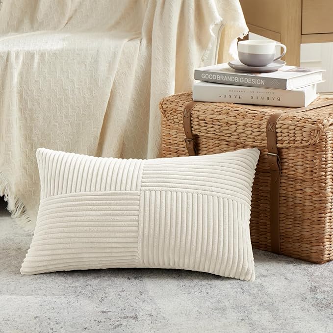 Fancy Homi 2 Packs Cream Lumbar Decorative Throw Pillow Covers 16x32 Inch for Living Room Couch Bed Sofa, Rustic Farmhouse Boho Home Decor, Soft Striped Corduroy Rectangle Accent Cushion Case 40x80 cm-Ruum Studio Home