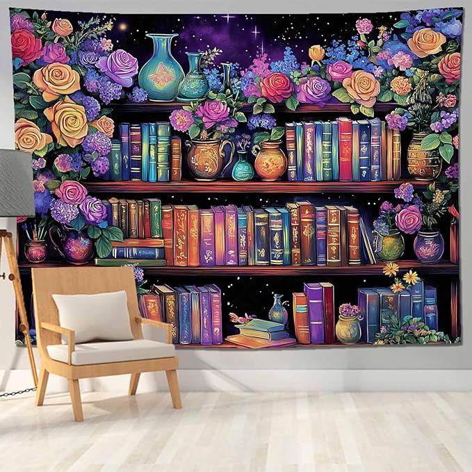 keowhsf Pink Purple Flower Bookshelf Wall Tapestry Colorful Tapestries for Bedroom Aesthetic Floral Tapestry Wall Hanging Cute Girl Bedroom Decor-Ruum Studio Home