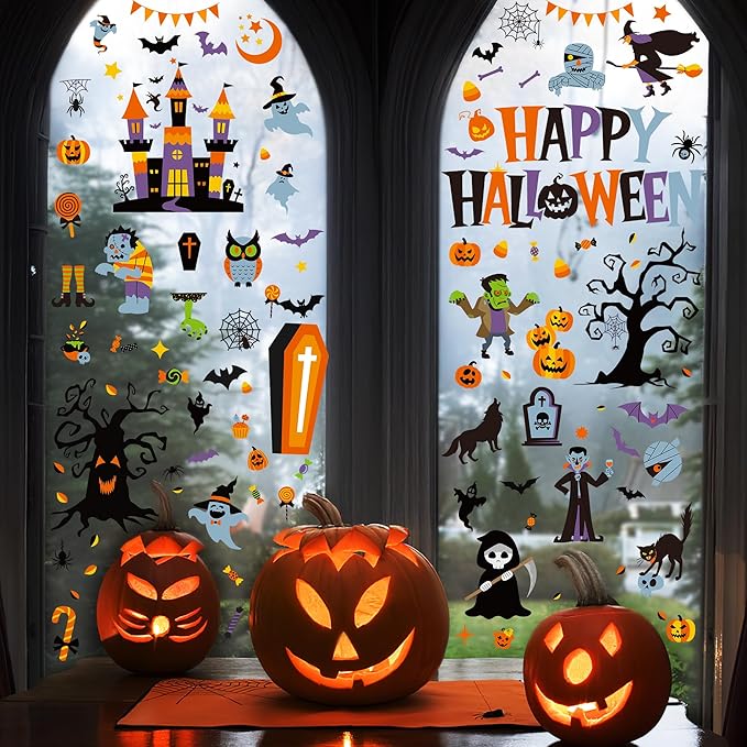 115PCS Halloween Window Clings, 9 Sheets Halloween Decorations, Cute Witch Tree Zombie Ghost Patterns PVC Window Stickers for Treat or Trick Party Favors Decal Supplies Decor Accessories-Ruum Studio Home
