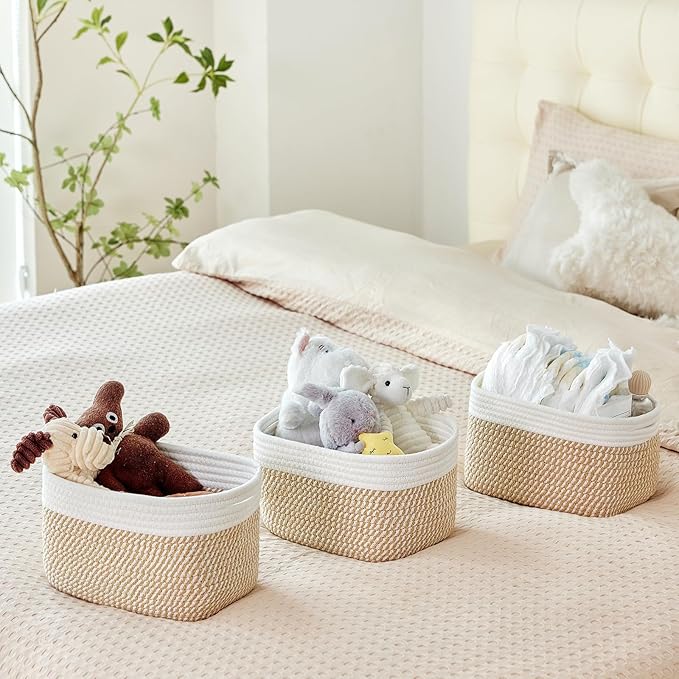 Small Cotton Rope Storage Basket Set of 3-11"x7"x7" Perfect Woven Baskets for Storage, Ideal Storage Baskets for Organizing Toys, Towels, and More - Baskets for Shelves（White & Mixed Camel）-Ruum Studio Home