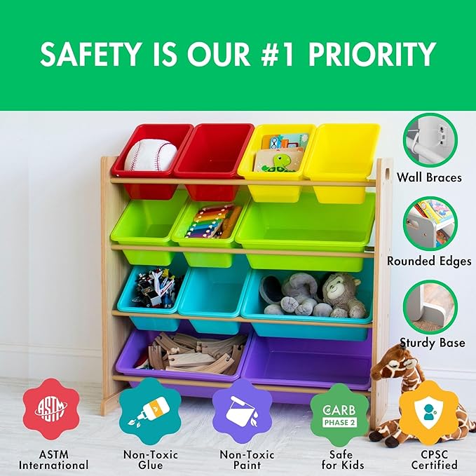 Humble Crew Kids Toy Storage Organizer with 12 Plastic Bins, Natural Wood/Rainbow – Removable Bins for Playroom, Bedroom, Toddler Furniture for Boys and Girls Ages-Ruum Studio Home