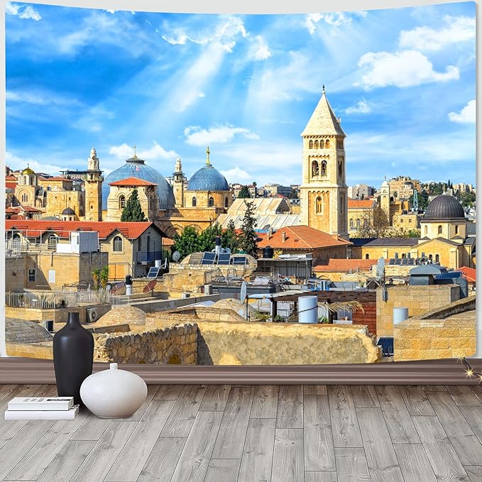 AMM Western Wall Tapestry Jerusalem Old City Church Tapestry for Bedroom Aesthetic Mediterranean Landscape Tapestries Wall Hanging for Living Room Dorm Office 80 x 60 Inch-Ruum Studio Home