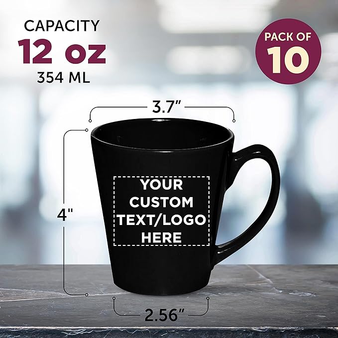 DISCOUNT PROMOS Custom Glossy Ceramic Latte Coffee Mug 12 oz. Set of 10, Personalized Bulk Pack - Perfect for Tea, Espresso, Cappuccino, Hot Cocoa - Black-Ruum Studio Home