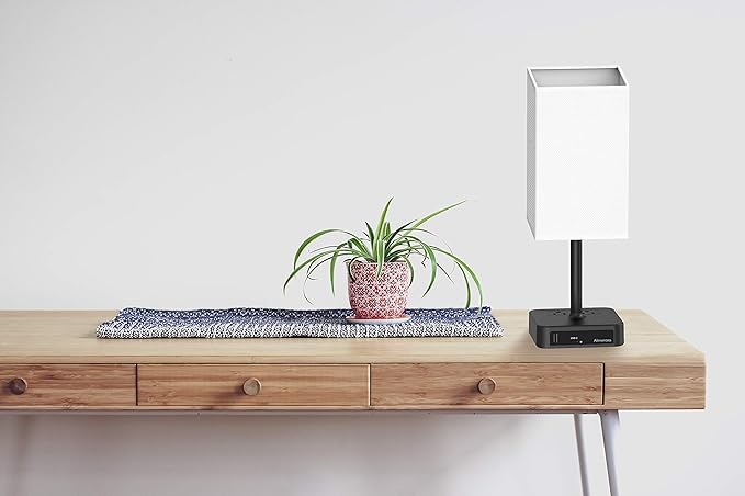 Bedside Table Lamp with Touch Control & USB C+A Charging Ports LED Desk Lamp with 2 AC Outlets, Minimalist Nightstand Light with Black Fabric Shade for Bedroom, Living Room, Office, White-Ruum Studio Home