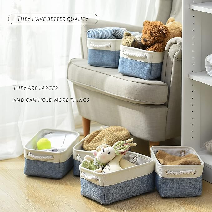 TcaFmac Storage Basket for Shelves - Small 6 Pack Fabric Storage Bins for Organizing, Collapsible Storage Cubes with Handle for Closet Cloth Toy Decorative Gift (White & Blue11.8 x 7.8 x 5.2 inch)-Ruum Studio Home