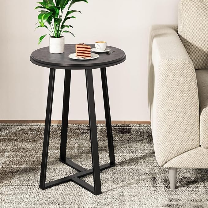 Round End Table, Small Side Table Black Color MDF Top, Metal Frame Black, Tall End Side Table for Bed Room, Coffee Tea End Table for Living Room(Round Black)-Ruum Studio Home