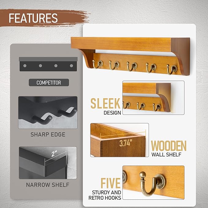 Rebee Vision Decorative Key Holder for Wall with Shelf: Farmhouse Mail Rack with 5 Sturdy Key Hooks for Home Decor, Apartment, Entryway and Hallway (Light Brown)-Ruum Studio Home