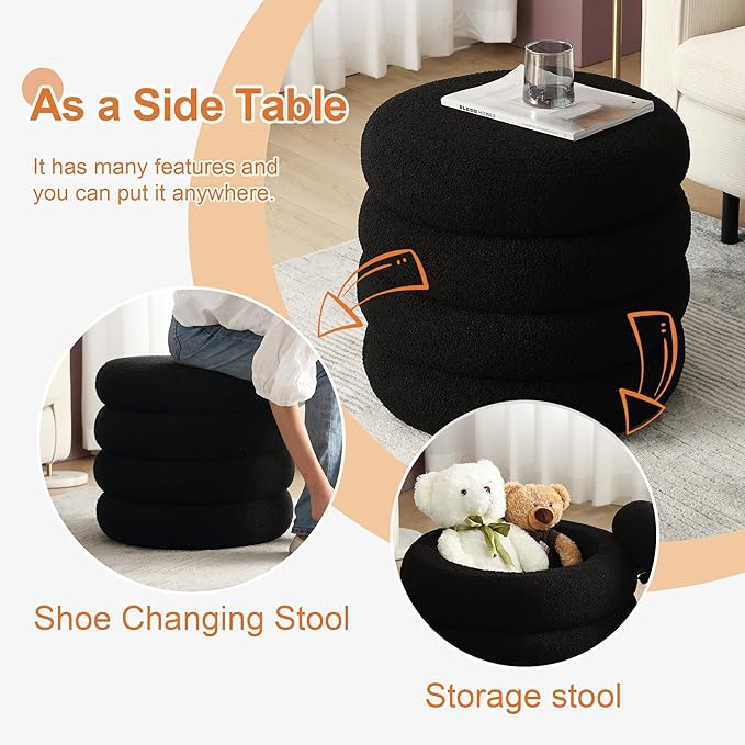ONEVOG 16 Inch Small Ottoman Foot Rest, Sherpa Storage Ottoman for Toys, Black Vanity Stool Soft Tufted Fabric Pouf, Footstool Seat for Living Room, Dorm, Bedroom-Ruum Studio Home