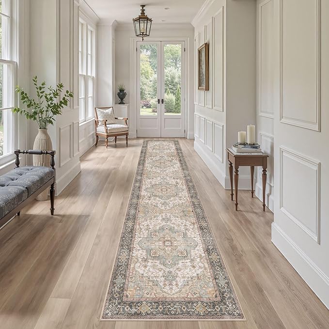 Washable 2.6x12 Runner Rug - Area Rugs Neutral Vintage Distressed Floral Farmhouse Boho Large Soft Floor Rug Indoor Carpet for Hallway Entryway Kitchen Home - Forest Green Orange-Ruum Studio Home