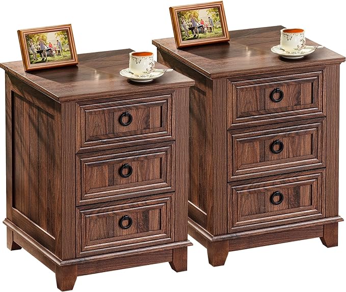 Farmhouse Night Stand Set of 2, 18" End Table with 3 Drawer Metal Handle, Dresser for Bedroom, Sofa Bed Side Table Chest of Drawers,Wood Nightstand Cabinet for Organizer, Living Room-Brown-Ruum Studio Home