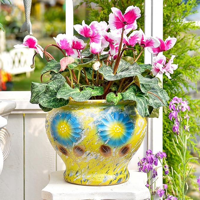 Sungmor Ceramic Hand Painted Succulent Flower Pots, 9 Inch Large Pottery Pots for Indoor Outdoor Plants, Decorative Ceramic Vase for Flower Arrangement Home Decor, Vintage Centerpieces Flowerpot-Ruum Studio Home