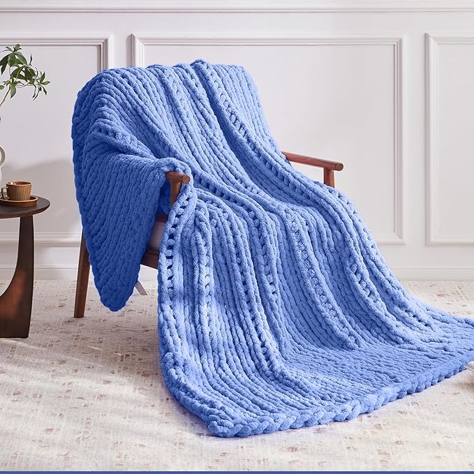 Chunky Knit Throw Blanket, 50''*60'' Knitted Throw Chenille Yarn for Bed Couch, Handmade Light Blue Crochet Big Thick Blanket, Machine Washable Cute Comfy Blanket for Home Decor-Ruum Studio Home