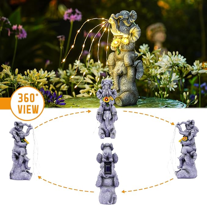 Solar Garden Decor Elephant Statue Outdoor, Luck Triple Elephant Decorations for Yard Porch Lawn Patio - Ideal Gifts for Women Mom Grandma Senior Elder or Birthdays 12"-Ruum Studio Home