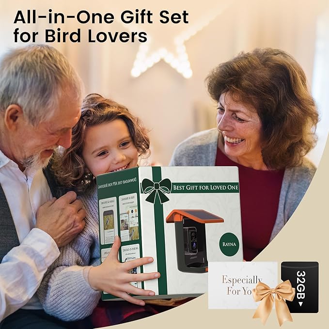 Smart Bird Feeder with Camera, Seamlessly Integrated Solar Panel Birdwatching Camera with SD Card, Lifetime Free AI Identify Bird Species&Auto Video Capture, House Warming Gifts with Greeting Card-Ruum Studio Home