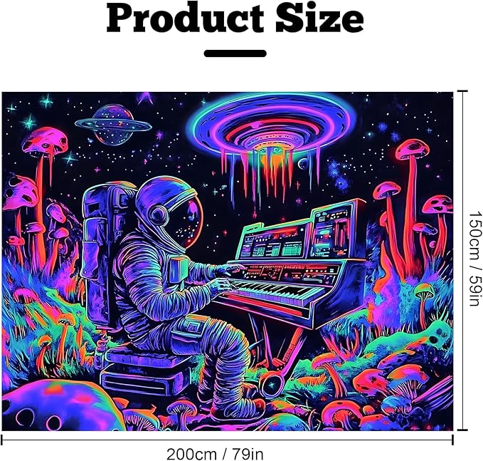 BVBOX Astronaut Space Blacklight Tapestry 79"x59", UV Reactive Astronaut Electronic Piano Universe Galaxy Planet Glow in Dark Music Tapestries, Black Light Neon Upright Poster Wall Hanging Backdrop Decor for Bedroom Living Room-Ruum Studio Home