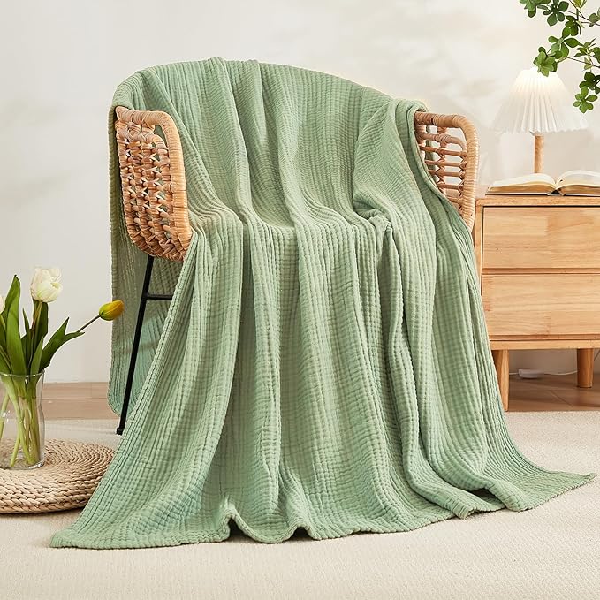 EMME Cotton Throw Blanket for Couch Soft Airy Muslin Bed Blankets Lightweight Breathable Blanket All Season Gauze Blanket, Sage Green-Ruum Studio Home