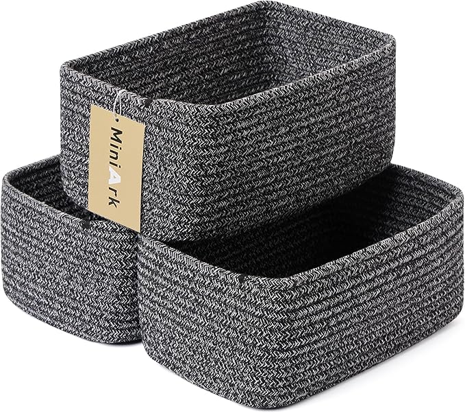 Small Storage Baskets for Organizing | Closet Organizer Bins | Shelf Toy Basket | Woven Rope Baskets | Cube Decorative Box | Shallow Basket | 11.5x7.5x4.7” | 3 Packs Dark Gray-Ruum Studio Home