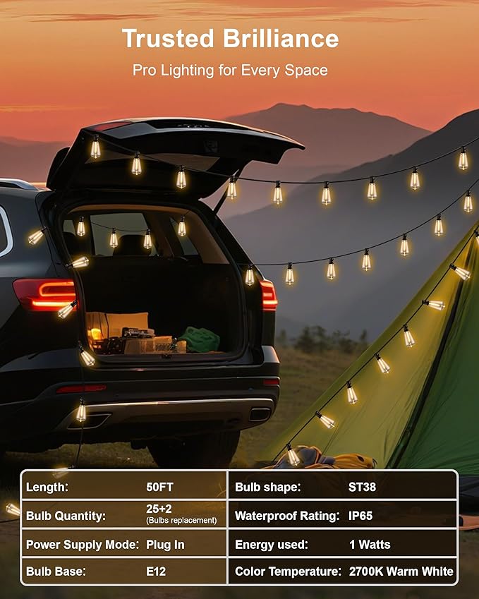 Outdoor String Lights - 50FT LED Patio Lights with 27 Shatterproof Waterproof Bulbs, Connectable Dimmable Edison IP65 ST38 Outside Lights for Garden, Balcony, Porch, Backyard, Deck, Home Decor-Ruum Studio Home