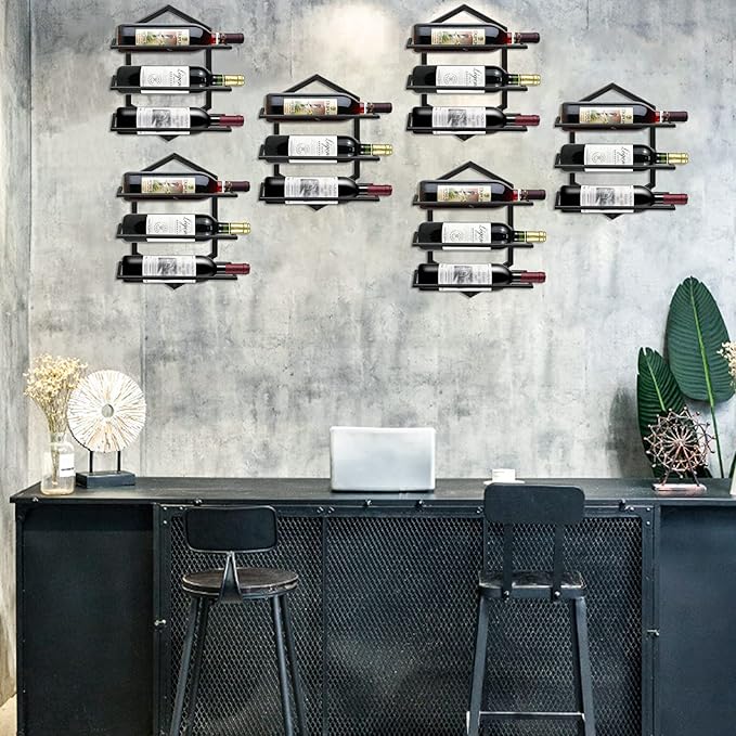2Pcs Wall Mounted Wine Stemware Rack, Metal Hanging Wine Glass Display Holde Holds 3 Bottles, Elegant Storage for Kitchen Dining Room Bar Wine Cellar-Ruum Studio Home