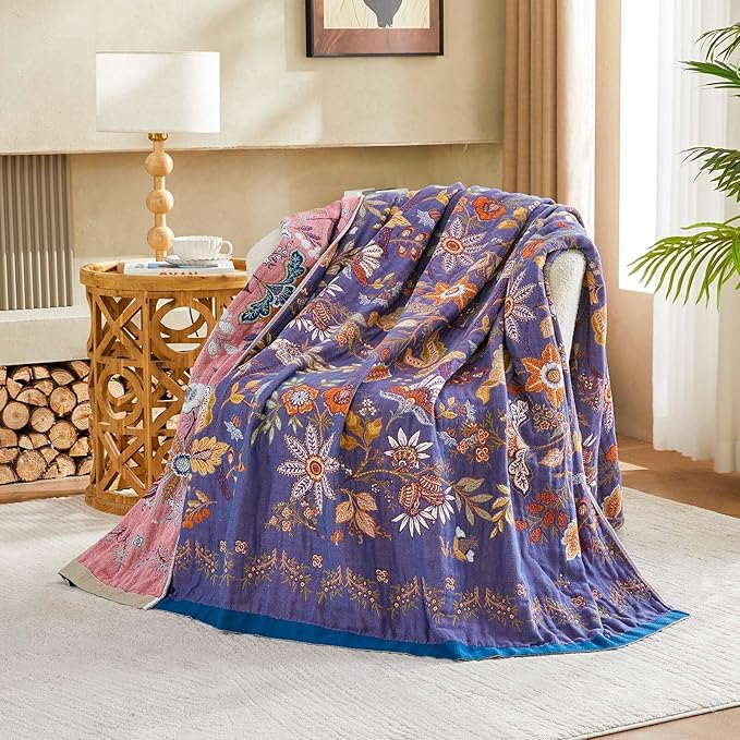 Boho Blanket, 100% Cotton Farmhouse Decorative Throw Blanket, 80"x90" Reversible Bohemian Throw Blanket, Purple All Season Muslin Breathable Woven Blankets Quilt-Ruum Studio Home