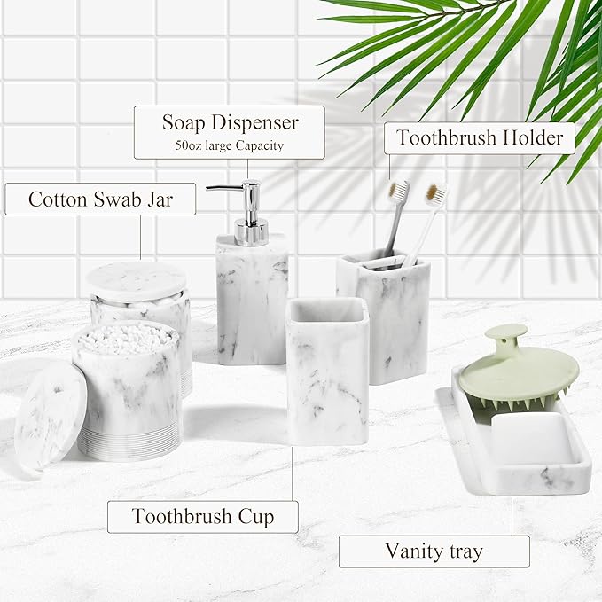 Bathroom Accessories Set, 6 Piece Bathroom Set with Toothbrush Holders, Soap Dispenser, Vanity Tray, Tumbler, Cotton Swab Jars, Bathroom Organizer，Bathroom Sink Sets, Artificial Marble White-Ruum Studio Home