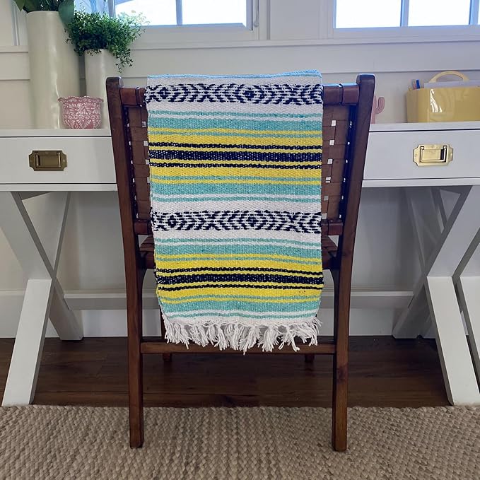 Del Mex Classic Mexican Blanket, Large Authentic Woven Falsa Throw (70"x50"), Artisan Southwest Décor for Beach, Yoga, Outdoors (Mint/Yellow)-Ruum Studio Home