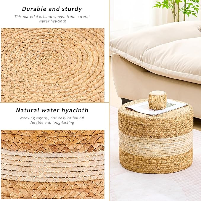 Handwoven Water Hyacinth Ottoman Pouf, Round Outdoor Footstool with Sturdy Frame, No Assembly Needed, Boho Accent Stool for Indoor & Outdoor Use – Patio, Balcony, Living Room (White)-Ruum Studio Home