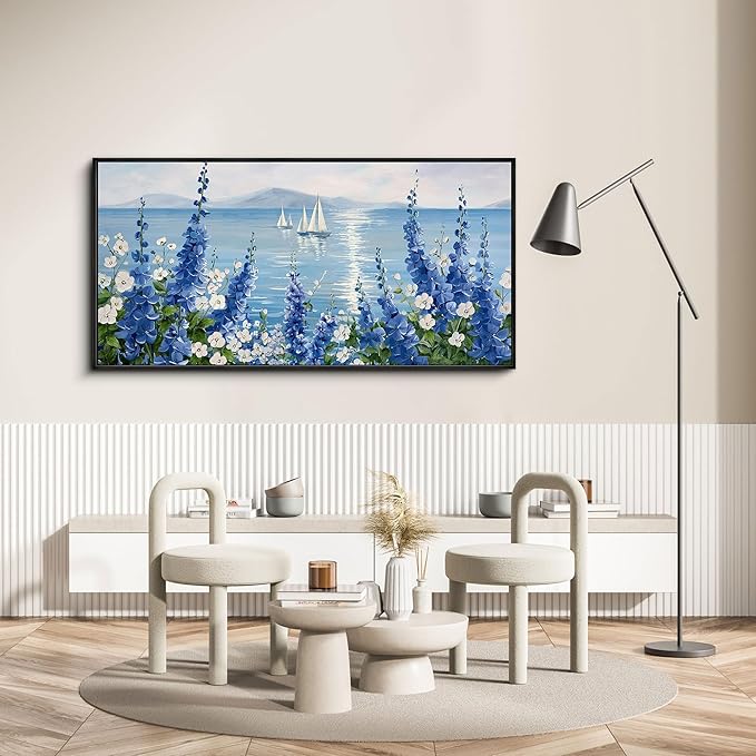 XLSJERST Sailboat Wall Art - Blue Canvas Abstract Painting Textured Picture Artwork Vintage Nautical Flower Painting Coastal Modern Print 20"x40" Frame for Living Room Bedroom Office Home Decoration-Ruum Studio Home
