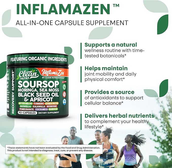 Clean Nutra Soursop Supplement Moringa Sea Moss Black Seed Oil Berberine Turmeric Resveratrol Quercetin Greens Bitters Boswellia Bitter Melon Burdock Root Antioxidant Support 90 Capsules-Ruum Studio Home