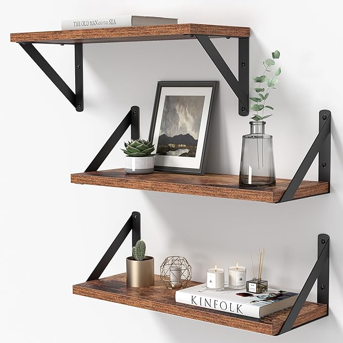 Heimlove Floating Shelves for Wall, 16 Inch Long Wood Floating Shelves Set of 3, Wall Mounted Hanging Shelf for Bathroom Bedroom Kitchen, Rustic Brown-Ruum Studio Home
