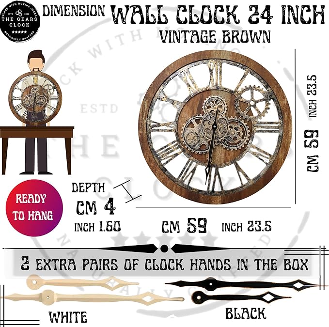 The Gears Clock The Original Real Moving Gear Wall Clock Vintage Industrial Oversized Rustic Farmhouse (24 inch (60cm), Vintage Brown)-Ruum Studio Home