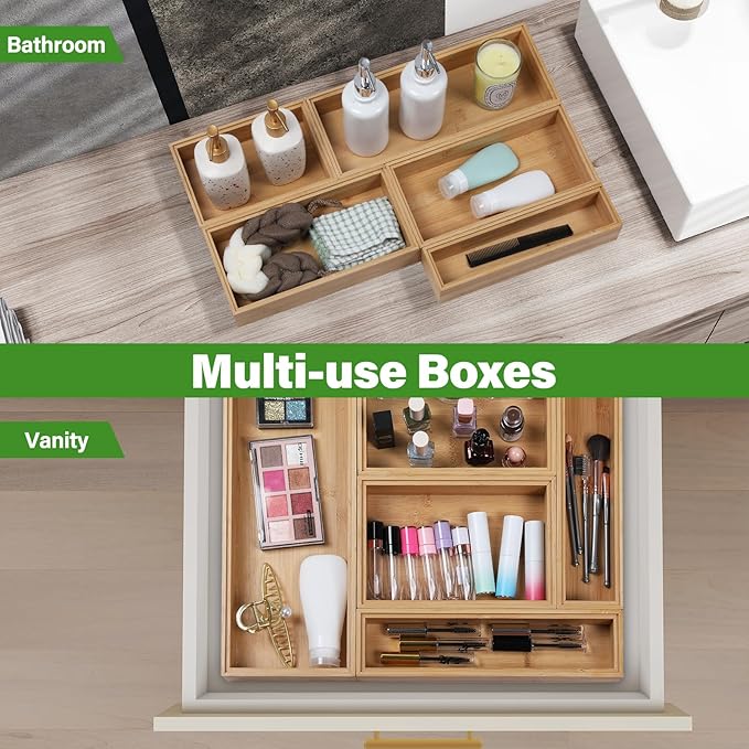 Bamboo Drawer Organizer, 2PCS Stackable Storage Boxes for Utensil Organizer, Wood Tray for kitchen, Bathroom and Bedroom 12" x 6" x 2"-Ruum Studio Home
