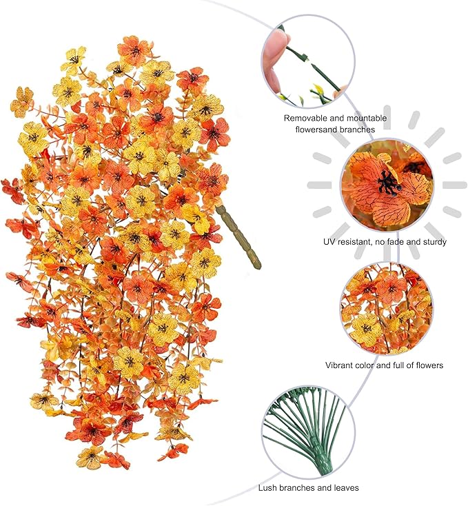 INSPRING Artificial Fall Flowers for Outdoors Decoration, 2Pcs Fake Fall Light Orange & Yellow Hanging Flowers, Faux Autumn Decor for Porch Patio Balcony Planter, Realistic Arrangement-Ruum Studio Home