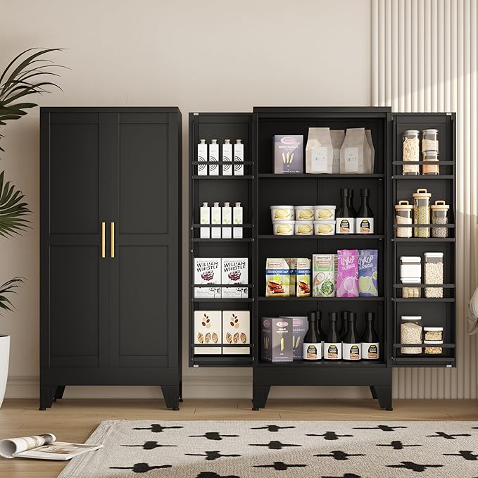 51" Metal Kitchen Pantry Cabinet, Storage Cabinets with 2 Door and 3 Adjustable Shelves, Black Freestanding Food Storage Cabinet, Steel Cupboard for Kitchen Dinning Room-Ruum Studio Home
