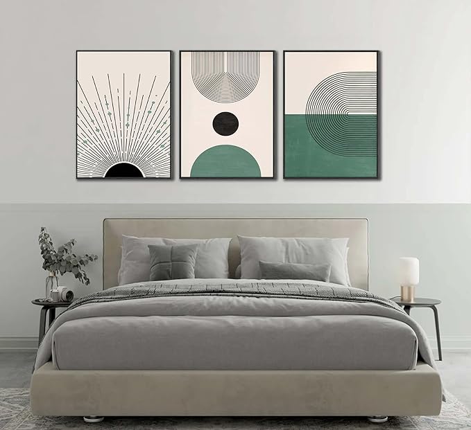 3 Pcs Sage Green Boho Canvas Wall Art Modern Abstract Minimalist Neutral Bohemian Sun Geometric Line Painting Picture Wall Decor Poster Print Artwork for Living Room Bedroom Home Decoration Unframed-Ruum Studio Home