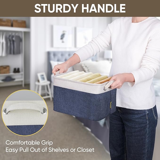 BALEINE 3 Pack Fabric Storage Bins for Shelves, Linen Storage Baskets for Organizing, Decorative Closet Bins for Clothes, Home (Navy Blue, 12"x8"x8")-Ruum Studio Home